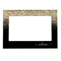 Gold Black Glitter Script Monogram Girly Name Magnetic Frame