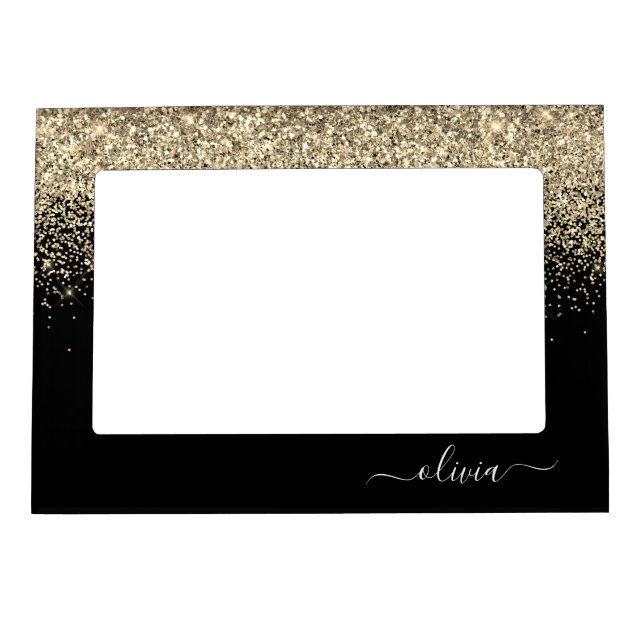 Gold Black Glitter Script Monogram Girly Name Magnetic Frame (Front)