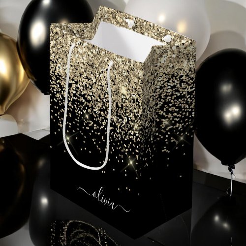 Gold Black Glitter Script Monogram Girly Name Medium Gift Bag