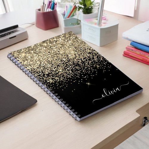 Gold Black Glitter Script Monogram Girly Name Notebook