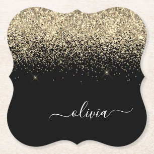 Gold Black Glitter Script Monogram Girly Name Paper Coaster