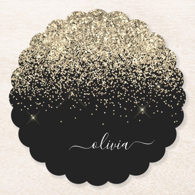 Gold Black Glitter Script Monogram Girly Name Paper Coaster (Front)