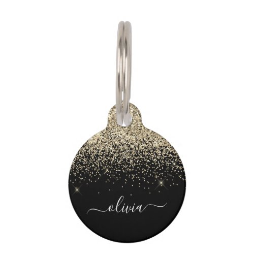 Gold Black Glitter Script Monogram Girly Name Pet ID Tag