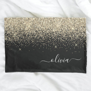 Gold Black Glitter Script Monogram Girly Name Pillow Case