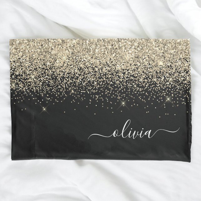 Gold Black Glitter Script Monogram Girly Name Pillow Case (Creator Uploaded)