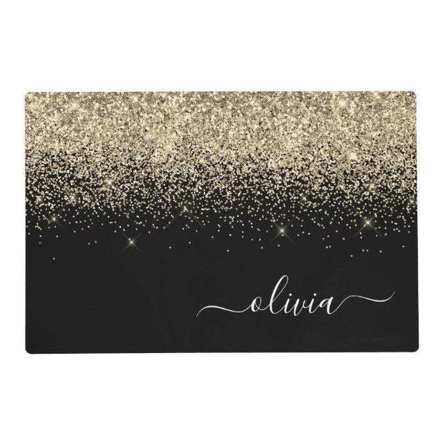Gold Black Glitter Script Monogram Girly Name Placemat (Front)