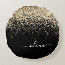Gold Black Glitter Script Monogram Girly Name Round Pillow