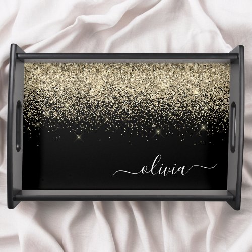 Gold Black Glitter Script Monogram Girly Name Serving Tray