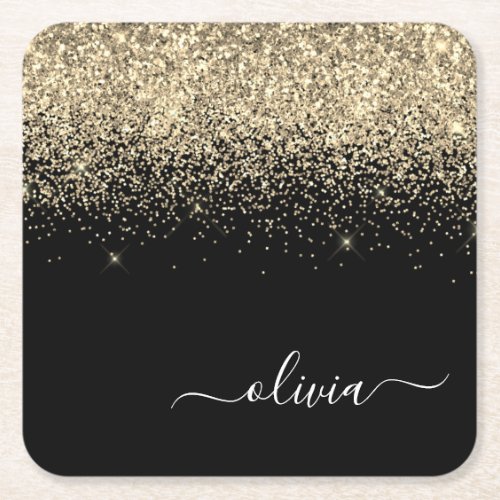 Gold Black Glitter Script Monogram Girly Name Square Paper Coaster