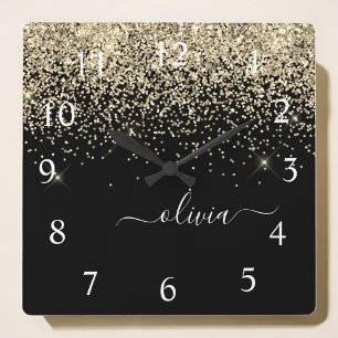Gold Black Glitter Script Monogram Girly Name Square Wall Clock