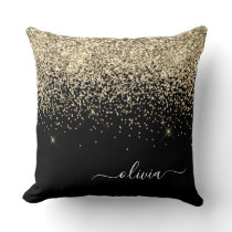 Gold Black Glitter Script Monogram Girly Name Throw Pillow