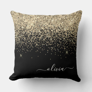 Gold Black Glitter Script Monogram Girly Name Throw Pillow