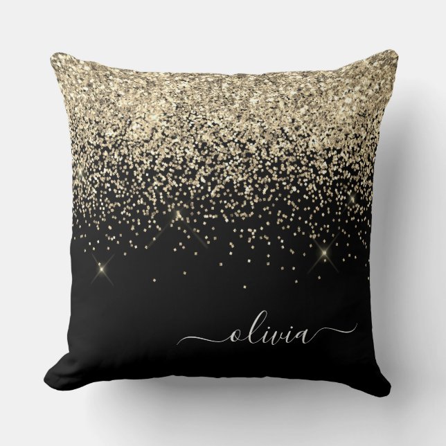 Gold Black Glitter Script Monogram Girly Name Throw Pillow (Front)