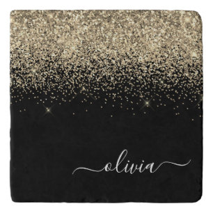 Gold Black Glitter Script Monogram Girly Name Trivet