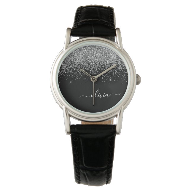 Gold Black Glitter Script Monogram Girly Name Watch (Front)