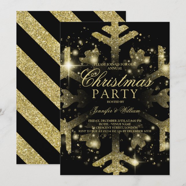 Gold & Black Glitter Snowflake Xmas Holiday Party Invitation (Front/Back)