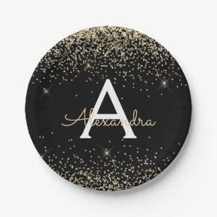 Gold Black Glitter Sparkle Monogram Birthday Paper Plates