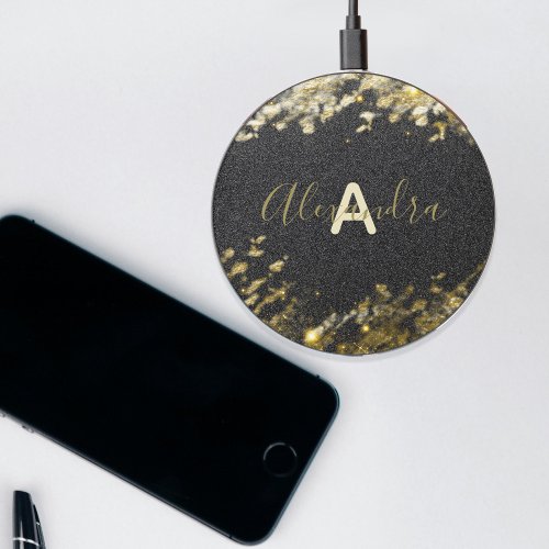 Gold Black Glitter Sparkly Stylish Name  Initial Wireless Charger