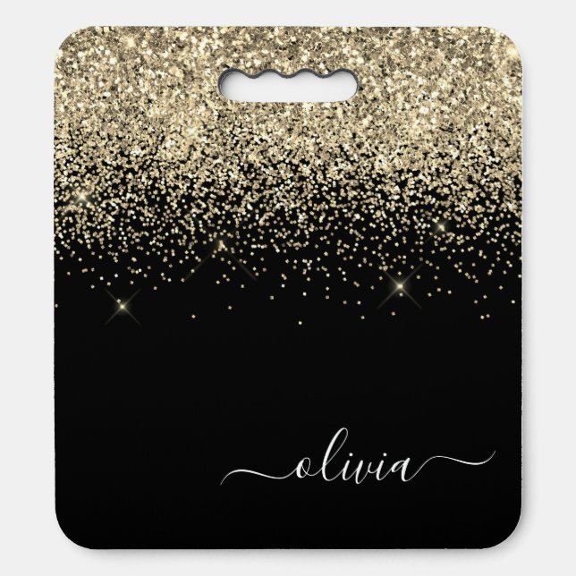 Gold Black Glitter Sports Monogram Name Seat Cushion (Front Vertical)