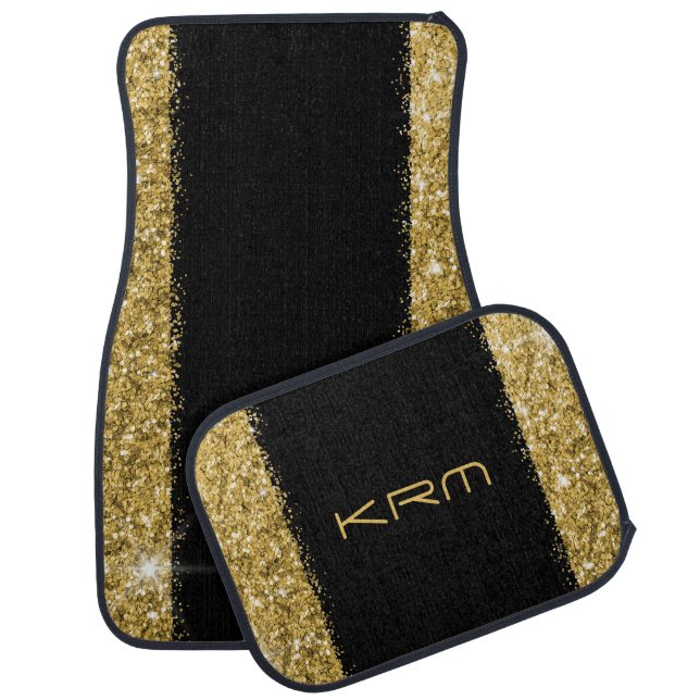 Gold Black Glitter Stripe Monogram Car Floor Mat (Set)