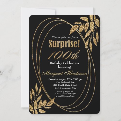 Gold Black Glitter Surprise 100th Birthday Party Invitation