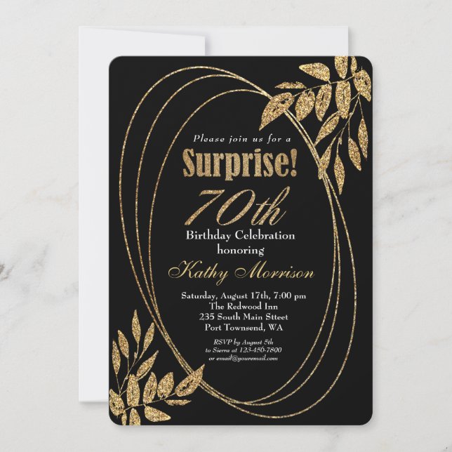 Gold Black Glitter Surprise 70th Birthday Party Invitation (Front)
