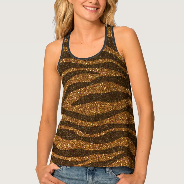 Gold Black Glitter Tiger Stripe Wild Animal Print Tank Top (Front)