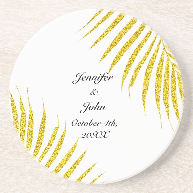 Gold Black Glittery Wedding Gift Favor Palm Leaf  Coaster (Front)