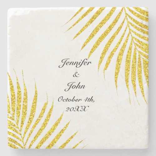 Gold Black Glittery Wedding Gift Favor Palm Leaf  Stone Coaster