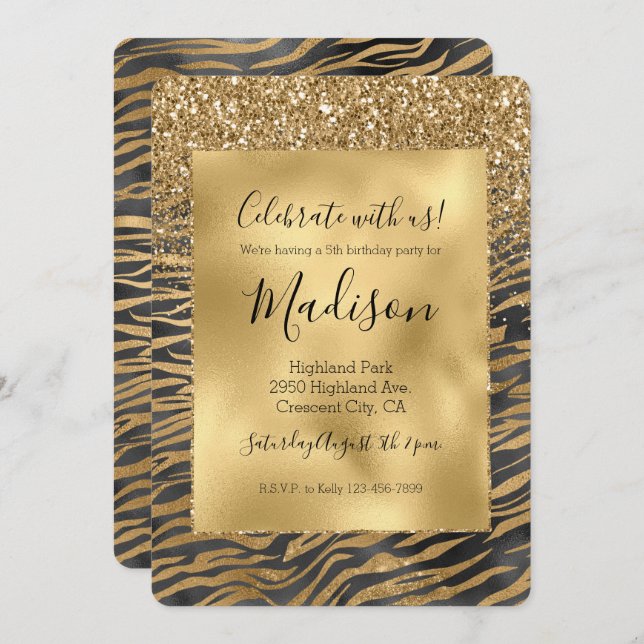 Gold Black Glitzy Glitter Sparkle Zebra Print Invitation (Front/Back)