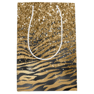 Gold Black Glitzy Glitter Sparkle Zebra Print Medium Gift Bag
