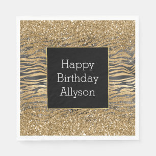 Gold Black Glitzy Glitter Sparkle Zebra Print Napkins