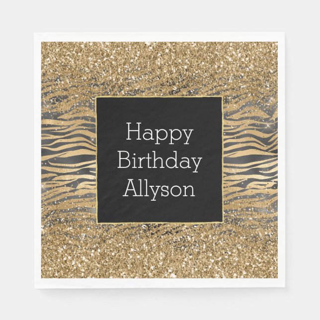 Gold Black Glitzy Glitter Sparkle Zebra Print Napkins (Front)
