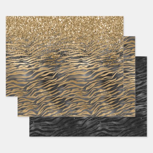 Gold Black Glitzy Glitter Sparkle Zebra Print Wrapping Paper Sheets