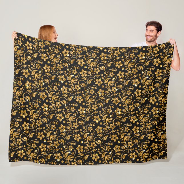 Gold Black Glossy Floral Fleece Blanket (In Situ)
