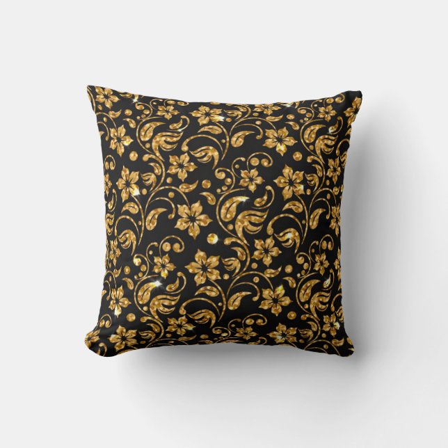 Gold Black Glossy Floral Throw Pillow (Front)