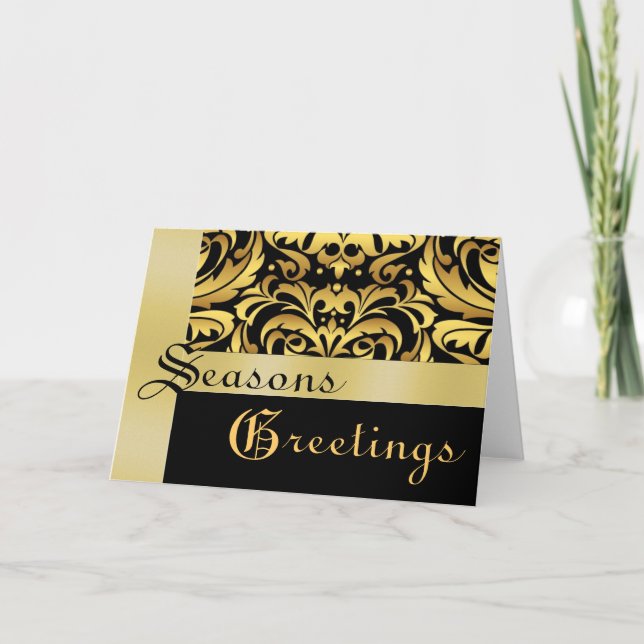 Gold & Black Gold Damask Christmas Holiday Card (Front)