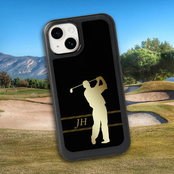 Gold Black Golfer Monogram Otterbox Iphone 14 Case by MegaCase at Zazzle