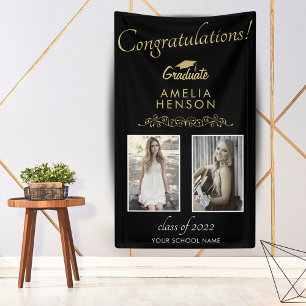 Gold Black Graduate 2 Photo Graduation Party Banner