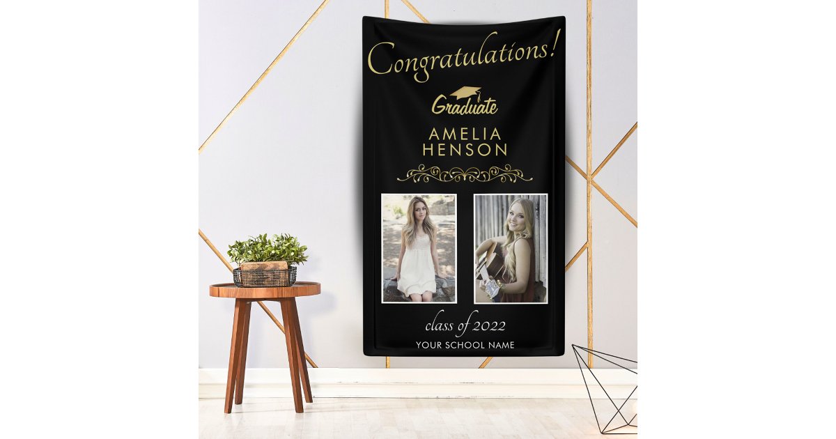 Gold Black Graduate 2 Photo Graduation Party Banner | Zazzle