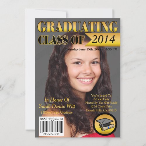 Gold  Black Graduating Class Magazine Cover Invitation