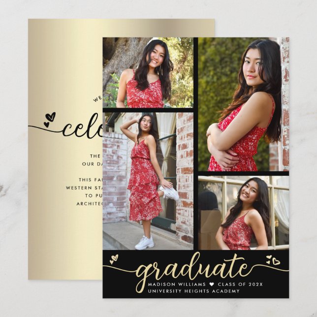 Gold Black Graduation 4 Photo Calligraphy Hearts Announcement (Front/Back)