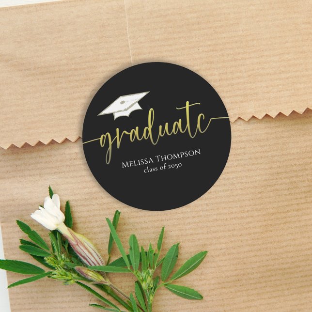 Gold & Black Graduation Cap Script Round  Classic Round Sticker (Gold and black graduation cap round sticker for stylish party favors and decor. 🎓✨)