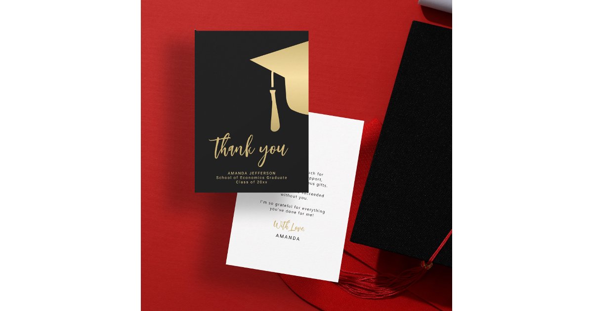 Gold black graduation cap simple script thank you card | Zazzle