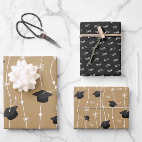 Gold  Black Graduation Cap Toss Wrapping Paper