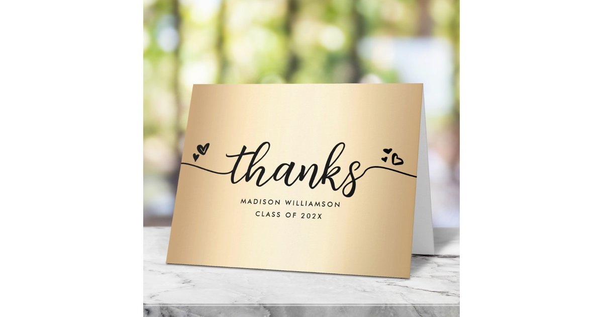 Gold Black Graduation Modern Elegant Script Hearts Thank You Card | Zazzle