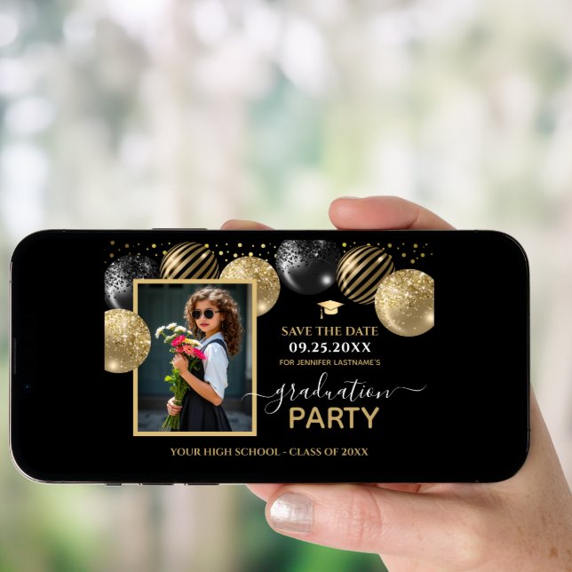 Gold Black Graduation Party Photo Save the Date Invitation (Front Digital)