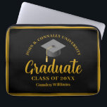 Gold Black Graduation Personalized 2024 Graduate  Laptop Sleeve<br><div class="desc">These sophisticated gold and black graduation laptop sleeve features elegant cursive script under a grad cap. Personalize this commemorative Class of 2024 graduate gift with chic serif typography for a senior. Modern high school or college graduation gift.</div>