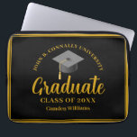 Gold Black Graduation Personalized 2024 Graduate  Laptop Sleeve<br><div class="desc">These sophisticated gold and black graduation laptop sleeve features elegant cursive script under a grad cap. Personalize this commemorative Class of 2024 graduate gift with chic serif typography for a senior. Modern high school or college graduation gift.</div>