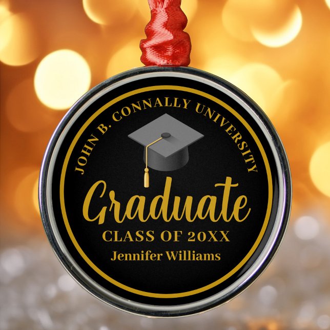 Gold Black Graduation Personalized 2025 Christmas Metal Ornament (Creator Uploaded)